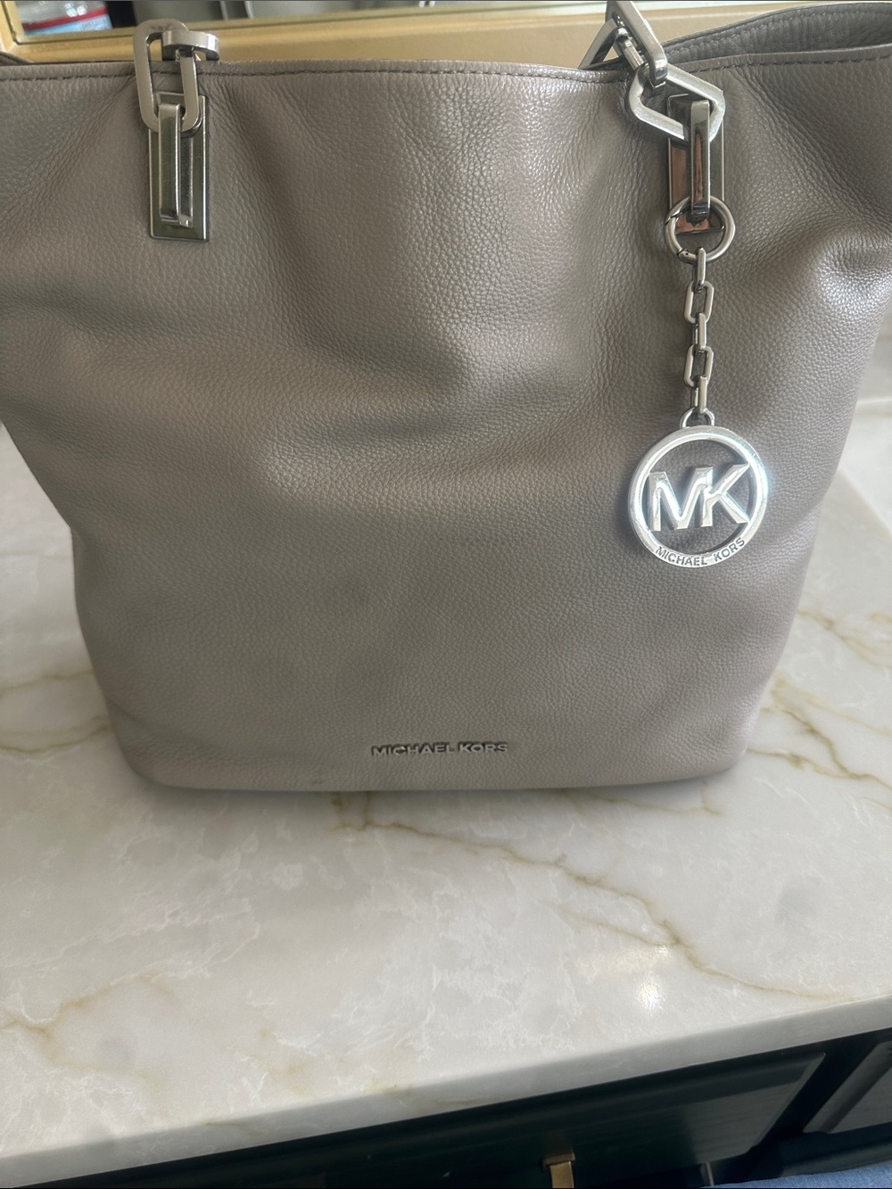 Michael Kors Pebble Leather Taupe-Gray Tote with MK Charm & crossbody strap .